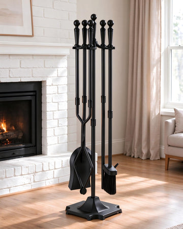 5-Piece Fireplace Tools Set with Stand, Solid Steel, Black