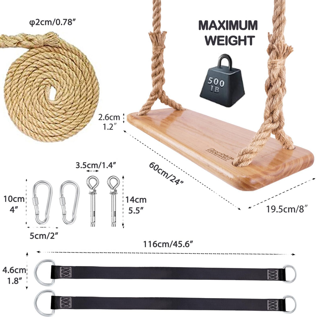 Hanging Wooden Tree Swing with Adjustable Hemp Rope and Tree Straps