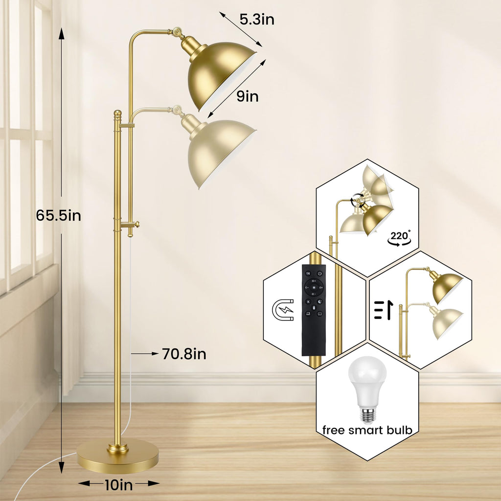 Industrial Floor Lamp Adjustable, Rustic Farmhouse Reading Lamp in Aged Gold Finish, Modern Standing Lamp with Remote