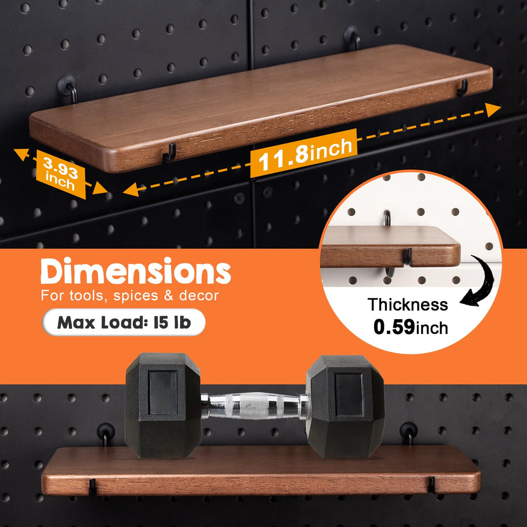 2 Pcs Walnut Finish Wooden Pegboard Shelf for 1/4" Metal Pegboard