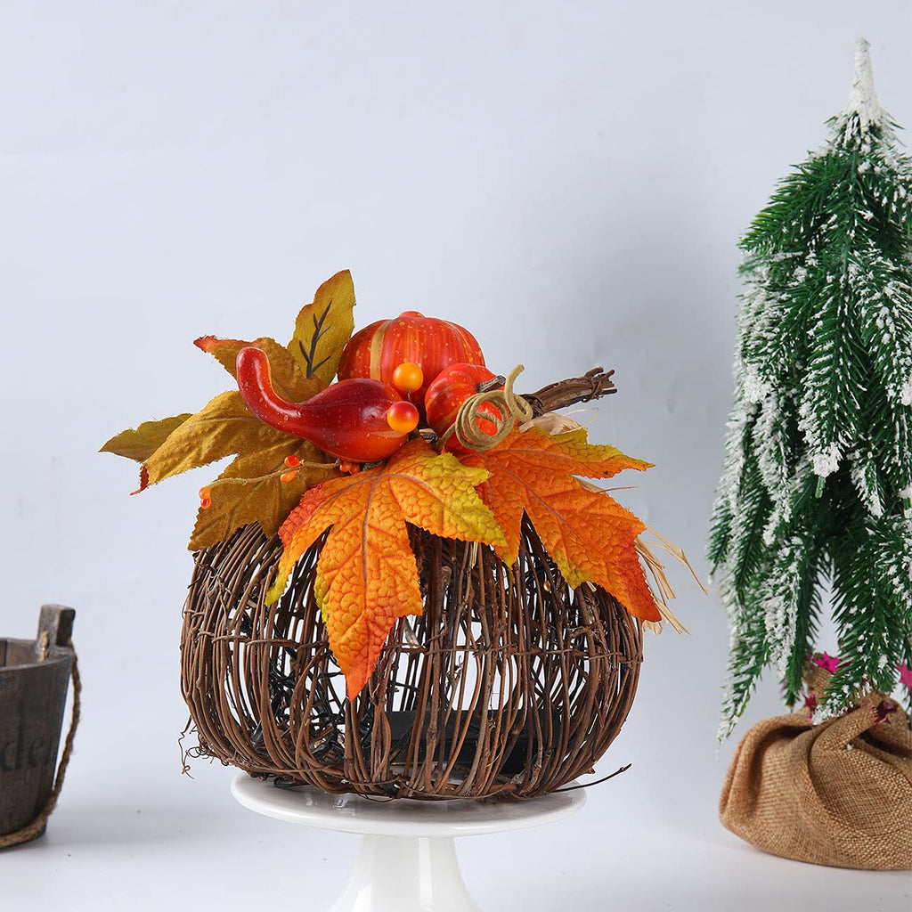8 Inch Lighted Pumpkin Fall Decor - LED Thanksgiving Decoration with Maple Leaves, Berries, and Pumpkin, Autumn
