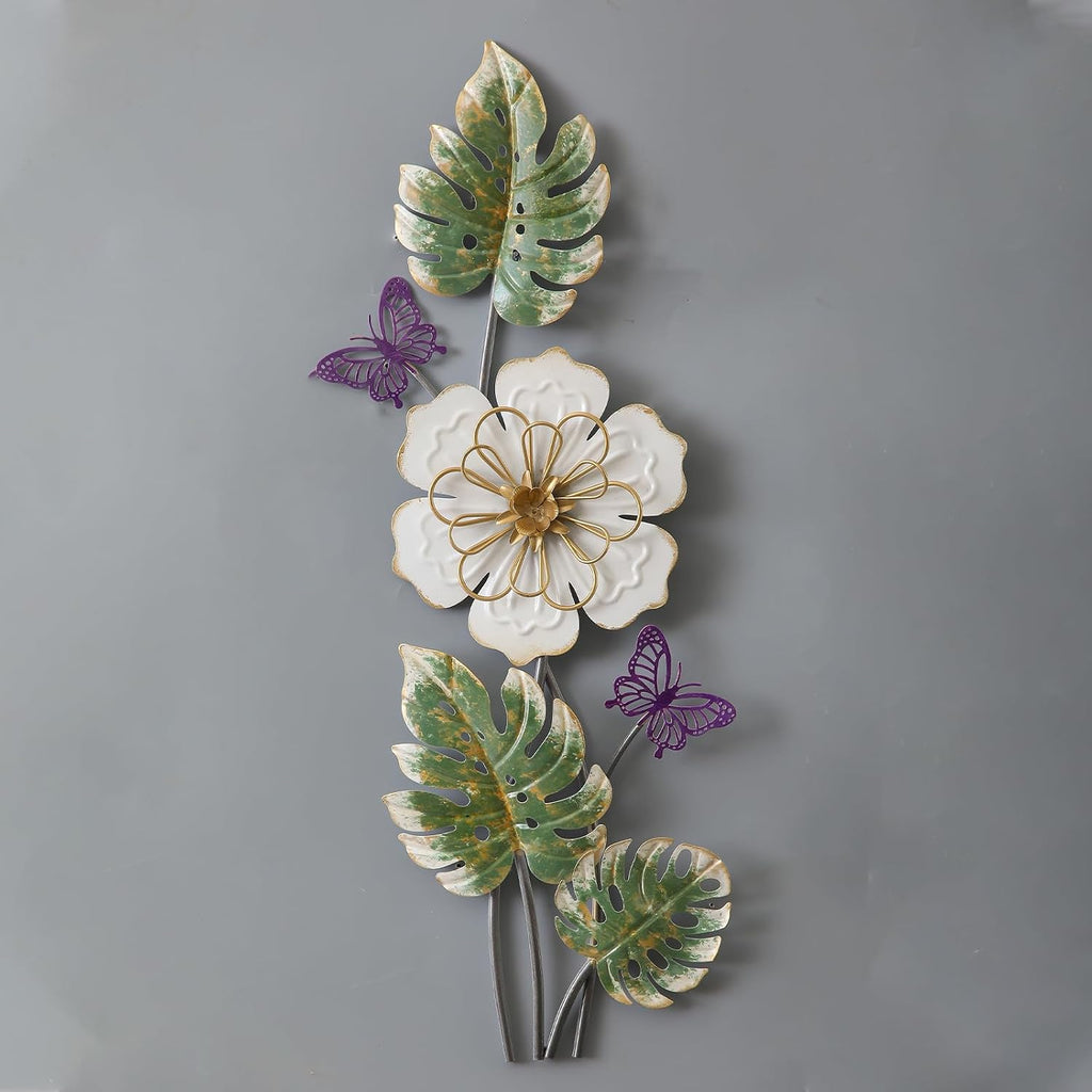 3D Metal Wall Decor 23 X 8 Inch, Flower, Butterfly and Leaves