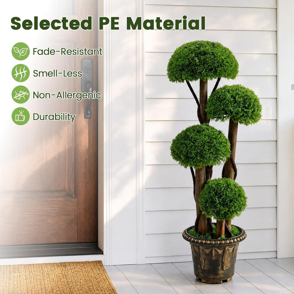 3FT Artificial Cypress Topiary Ball Tree, Indoor Outdoor Fake Boxwood Tree with Rattan Trunk, Cement Filled Pot