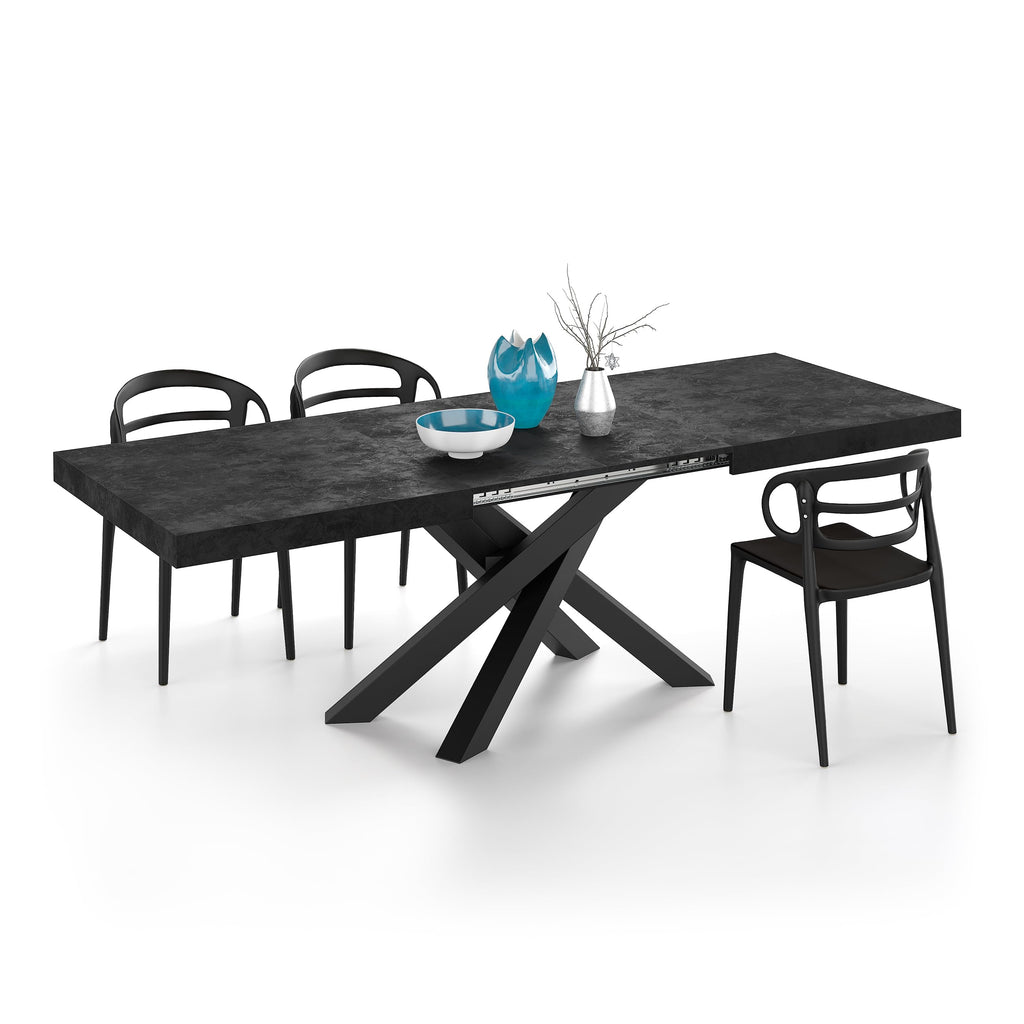 Emma 63(94.5) x35.4 in in, Extendable Dining Table, Concrete Effect, Black with Black Crossed Legs, Made in Italy