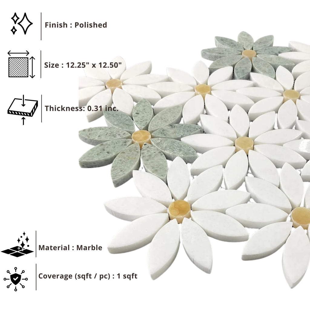 Thassos White & Ming Green Daisy Marble Mosaic - 5 Sheets