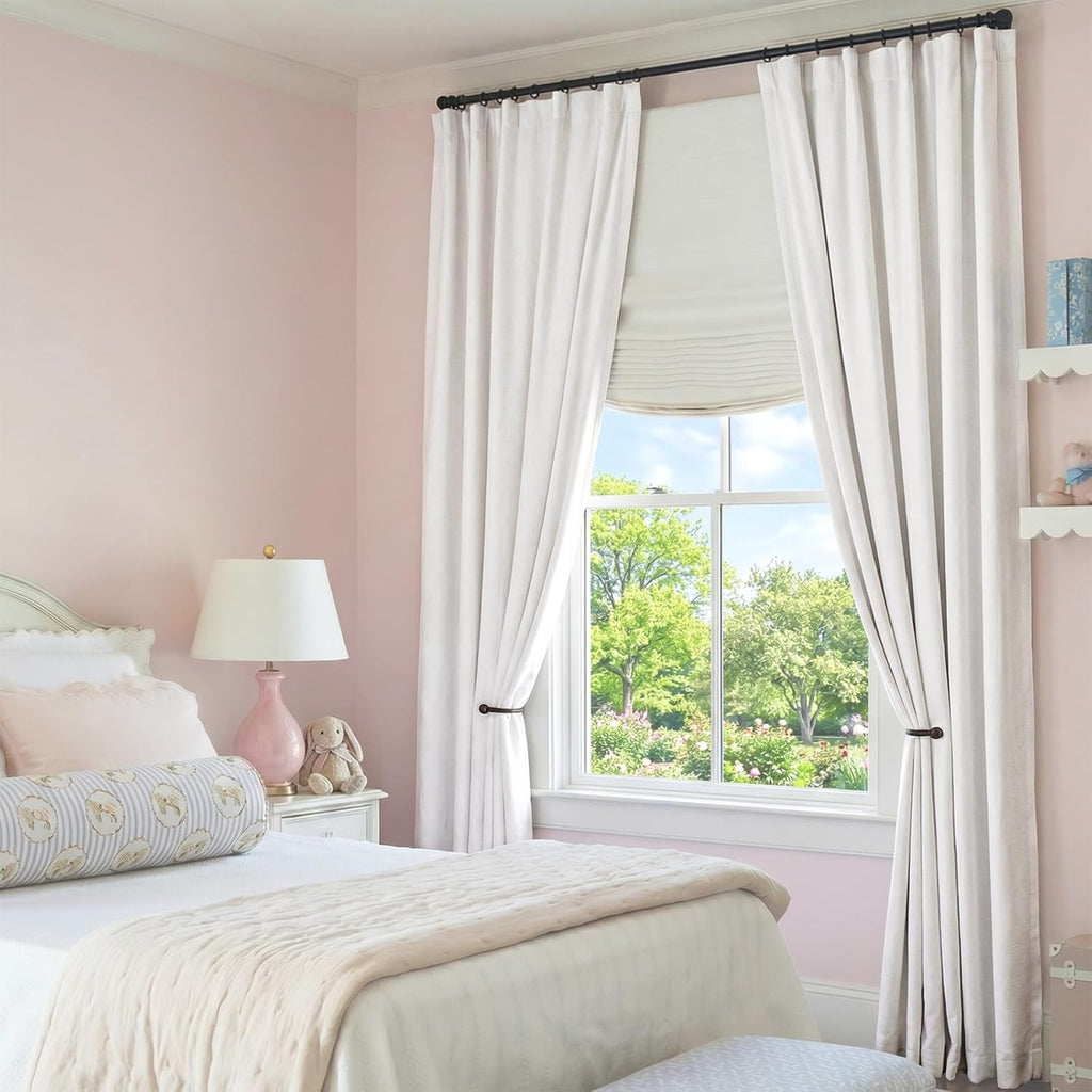 100% Blackout Curtains for Bedroom Decor White Linen Textured Curtains with Liner Insulated Thermal Curtains for