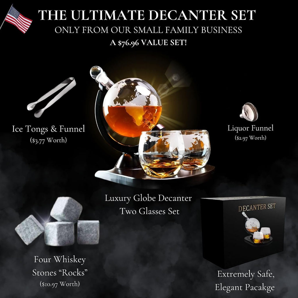 Whiskey Decanter Globe Set with 2 Etched Globe Whisky Glasses | Liquor Decanter | Whiskey Stones, Ice Tong, Funnel - Set of 10