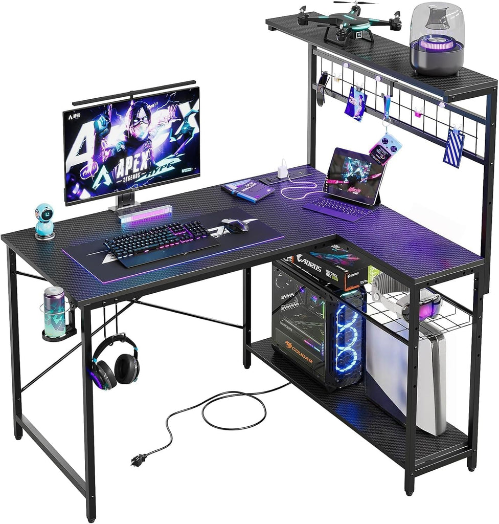 42" L Gaming Desk with Power Outlets LED Lights, Carbon Fiber Black | Reversible Design, LED Lights, Power Outlets