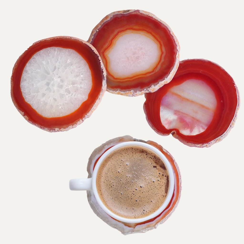 Natural Agate Coasters Set of 4 - Dyed Orange Red Irregular Circle Stone Drink Coasters with Rubber 3-4" Unique Home