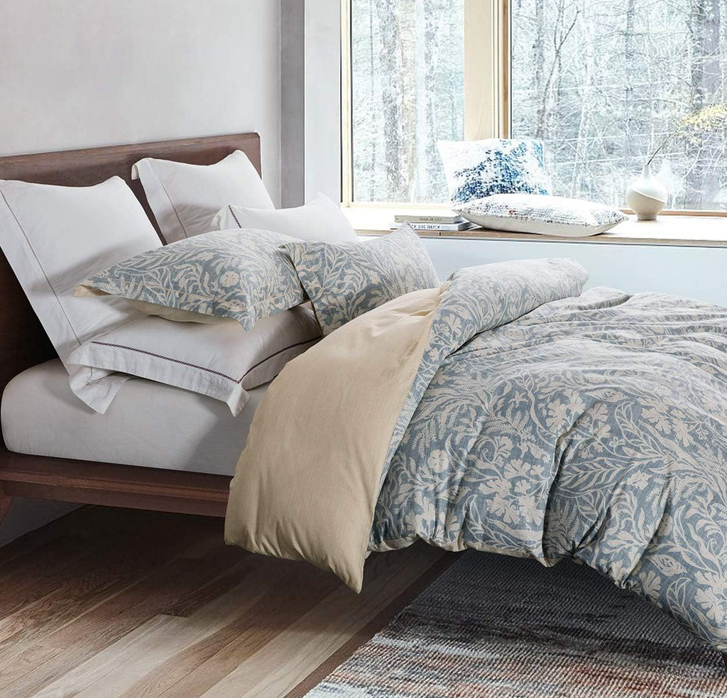 Duvet Cover King, 600 Thread Count Cotton Beige & Bluish Grey Printed with Luxurious Leaves Pattern Reversible