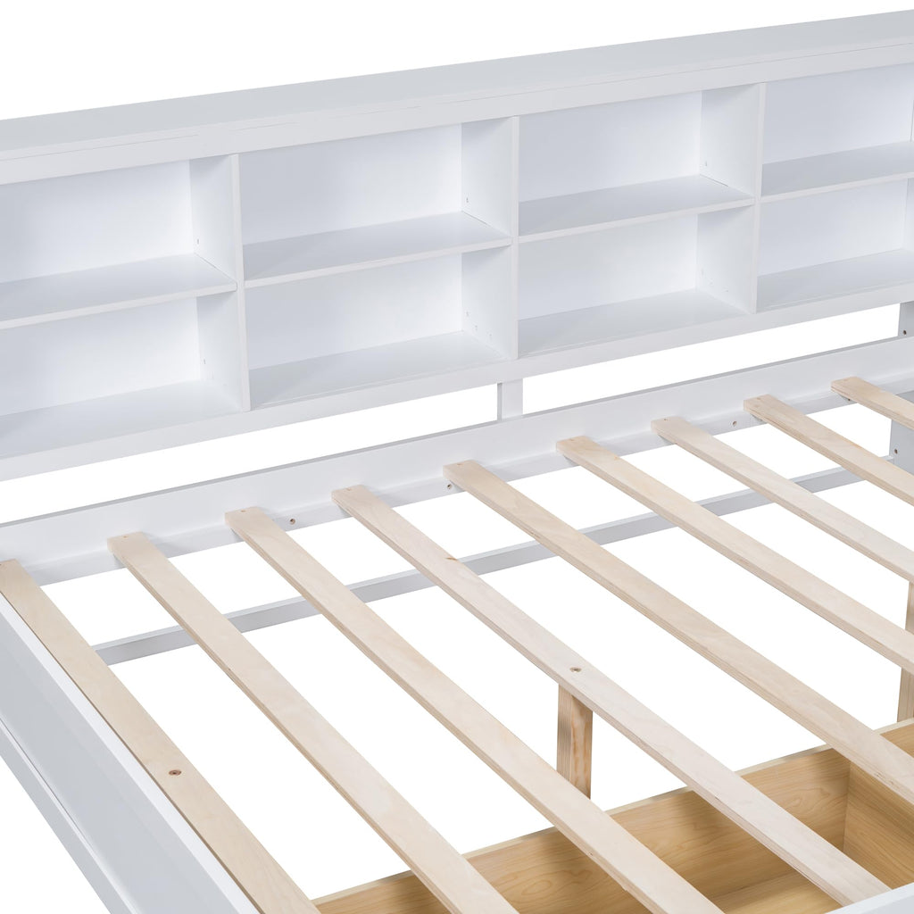 Wooden Full Size DayBed with Twin Size Trundle, DayBed with Storage Shelf and USB Charging Ports, White