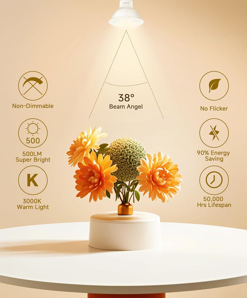 GU10 LED Bulbs, 50W Halogen Replacement, 3000-Kelvin Soft Warm White,Not Dimmable, 38° 2 Prong MR16 LED Spotlighting