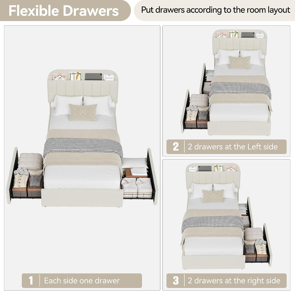 Twin Bed Frame, Platform Bed with Storage Headboard & Drawers | Boucle Upholstered Bed Frame for Kids, Bookcase