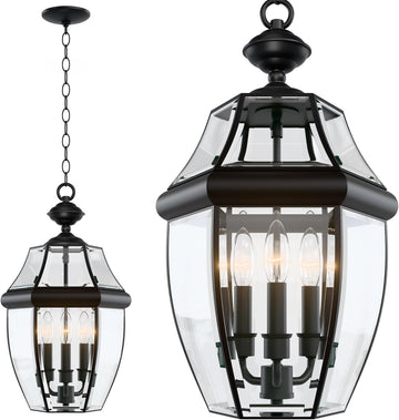 Large Outdoor Pendant Light Fixture 3-Light, 20in Modern Black Outdoor Chandelier Hanging Porch Light