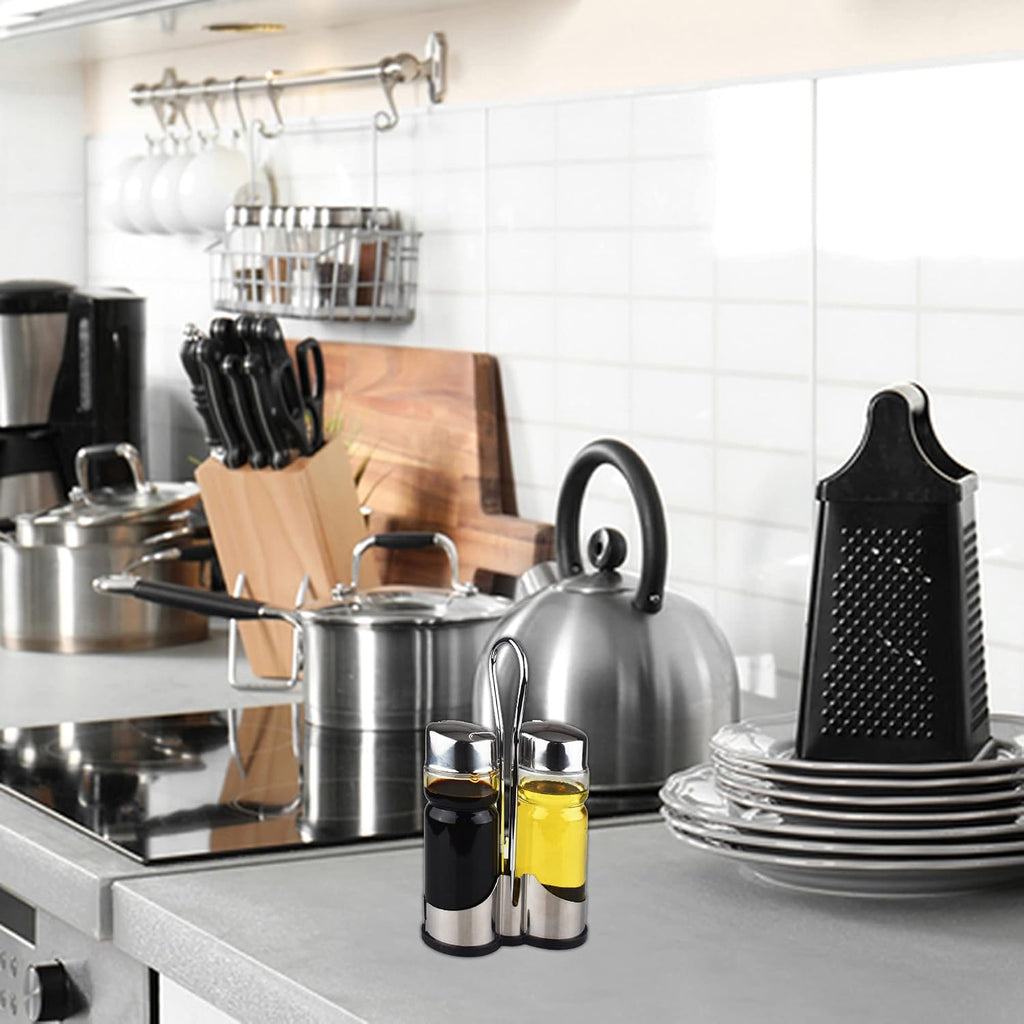 Oil and Vinegar Dispenser Set with Stainless Steel Holder,Clear Glass Olive Oil Dispenser Bottle - Set of 3