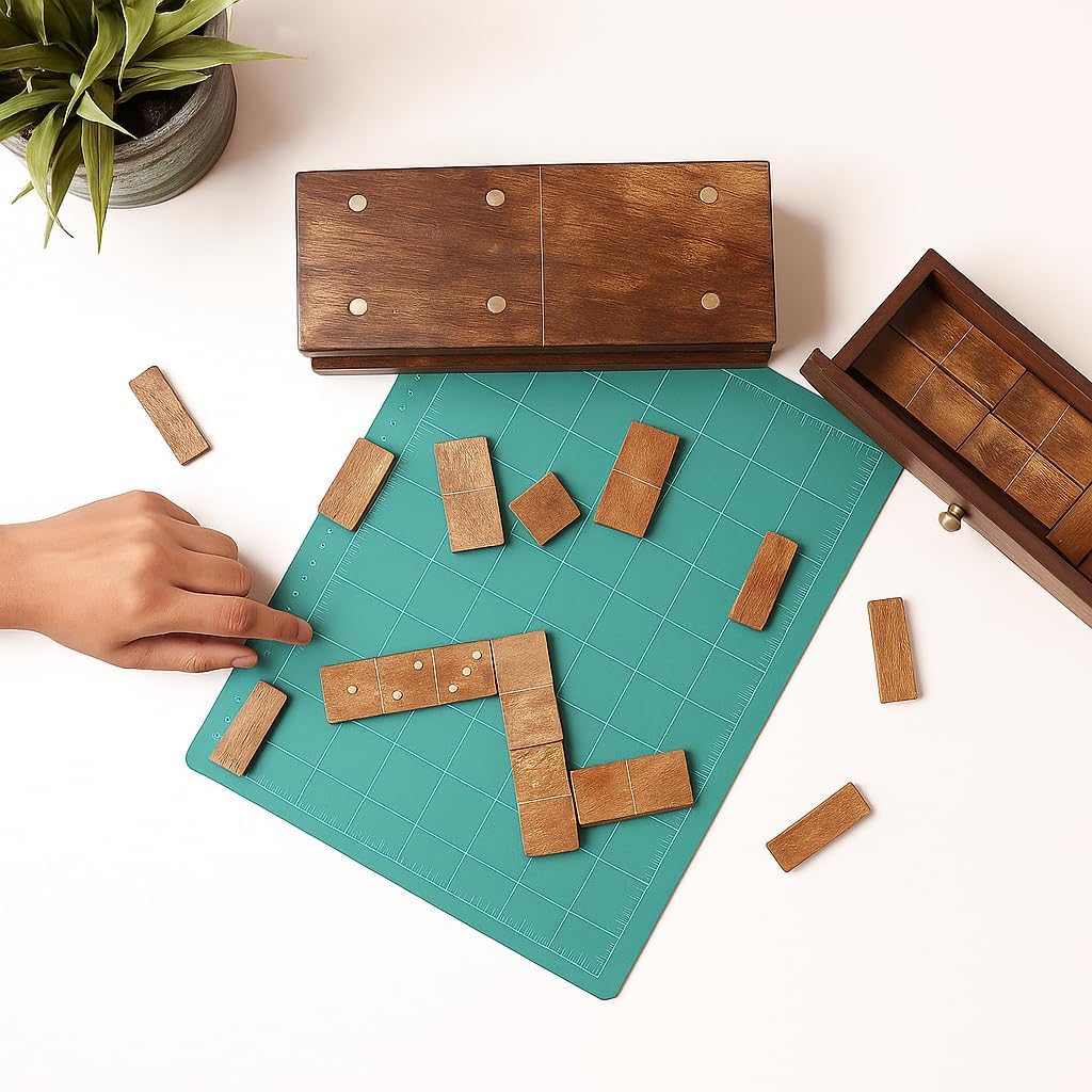 Handmade Wooden Dominoes Set | 28-Piece Double Six Professional Size Dominoes with Decorative Wooden Storage Box - Set of 28
