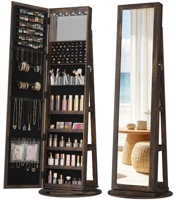 LED Jewelry Cabinet Standing, 360° Swivel Jewelry Armoire, Brown