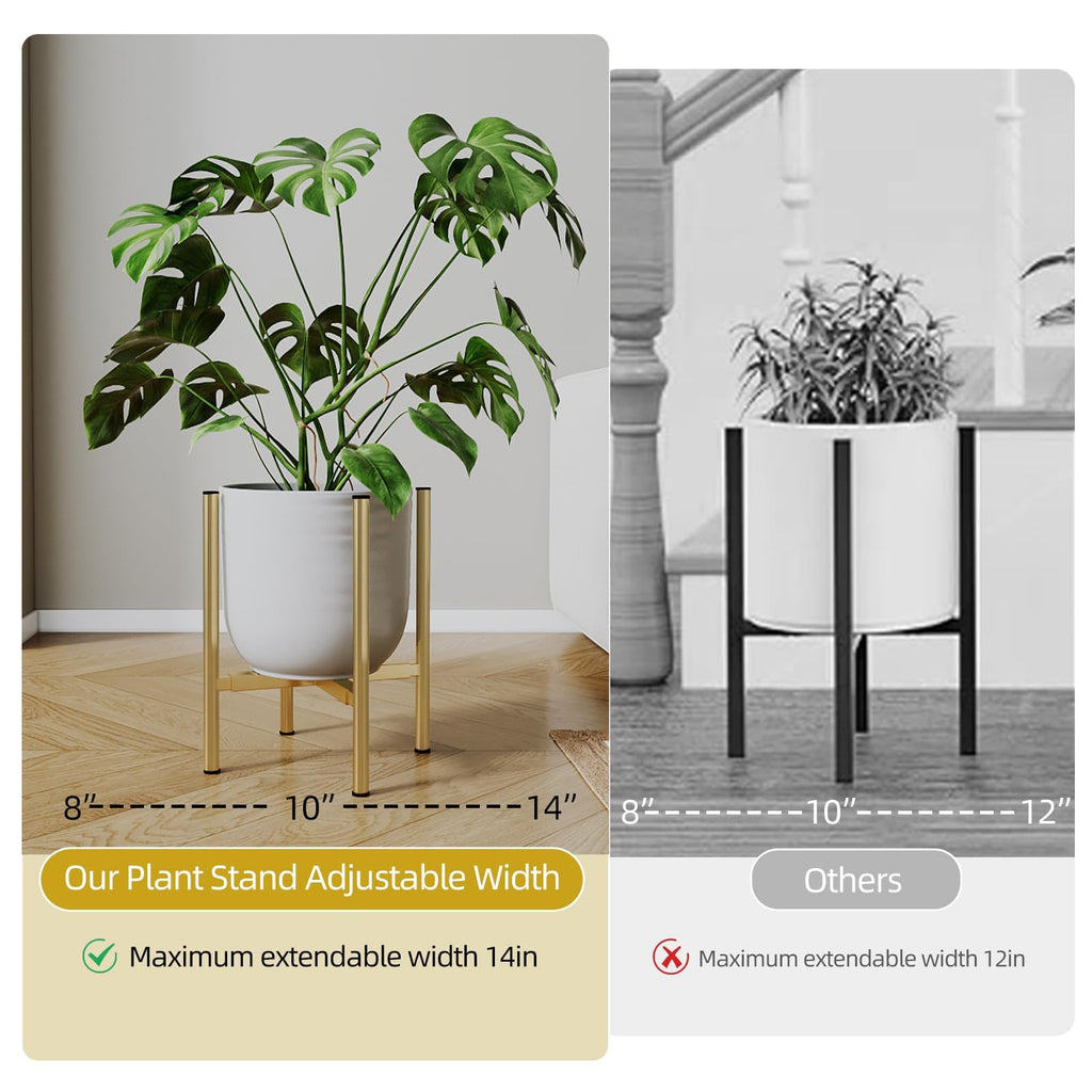 Adjustable Metal Plant Stand Indoor, Fits 8-14 Inch Pots, Mid Century Modern Gold Planter Holder, 2 Heights, Heavy