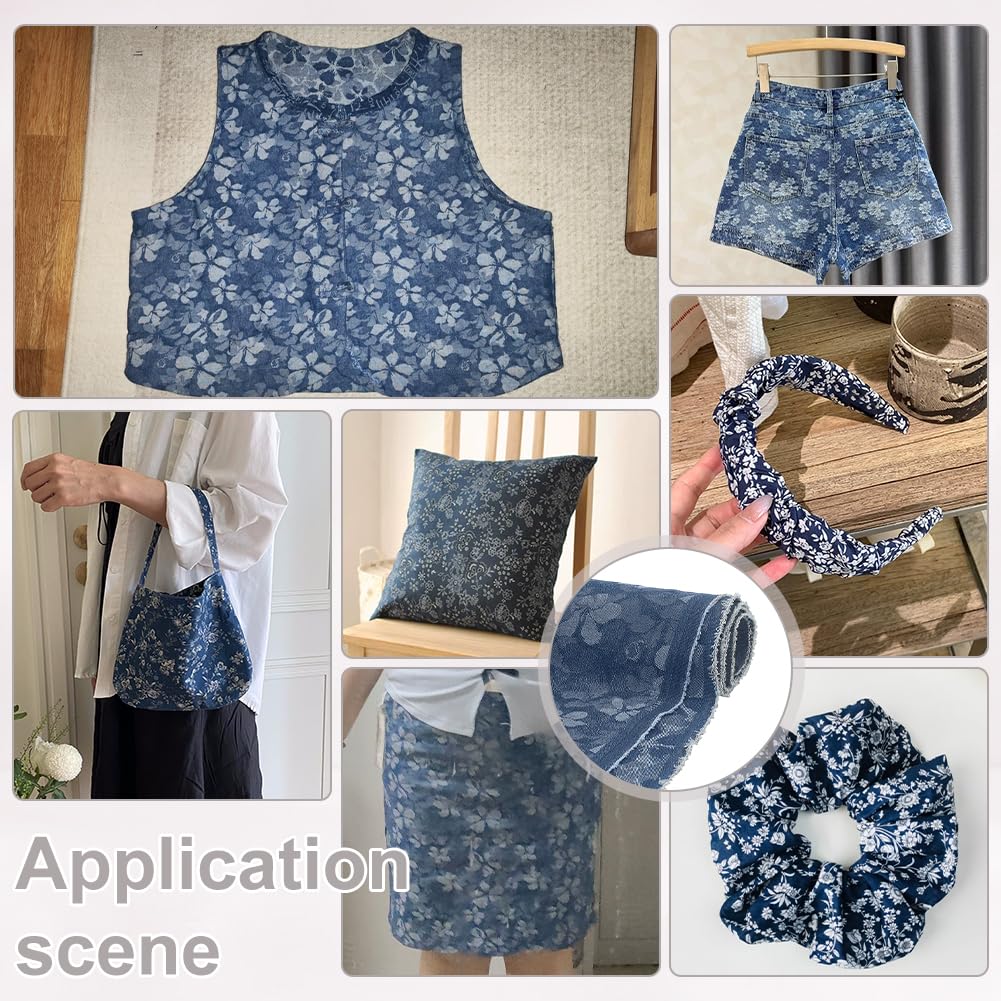 Flower Printed Denim Fabric 1 Yard x 55 Inch