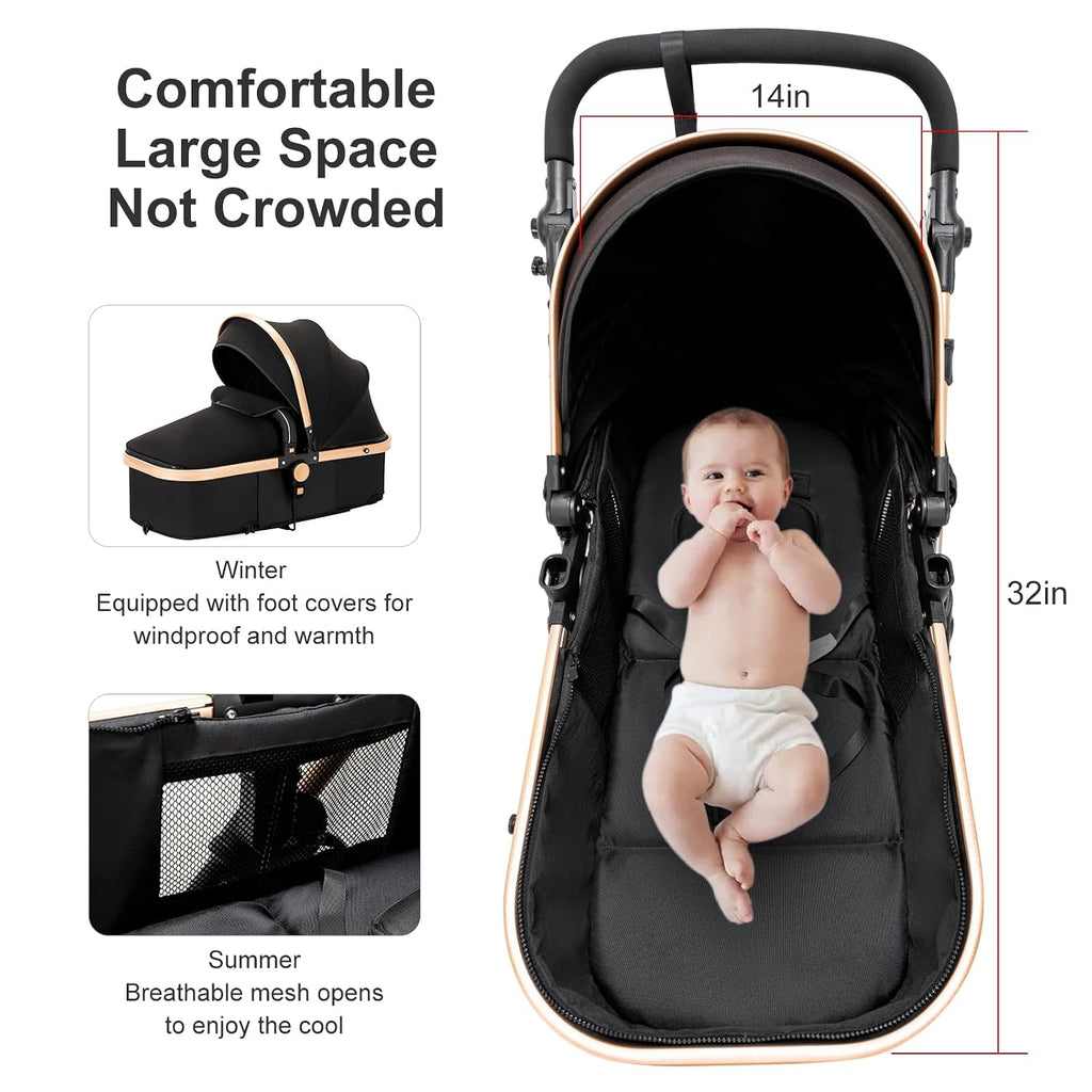 2 in 1 Baby Stroller with Bassinet Mode, Reversible Infant Pram, One-Click Folding, Newborn Travel Stroller