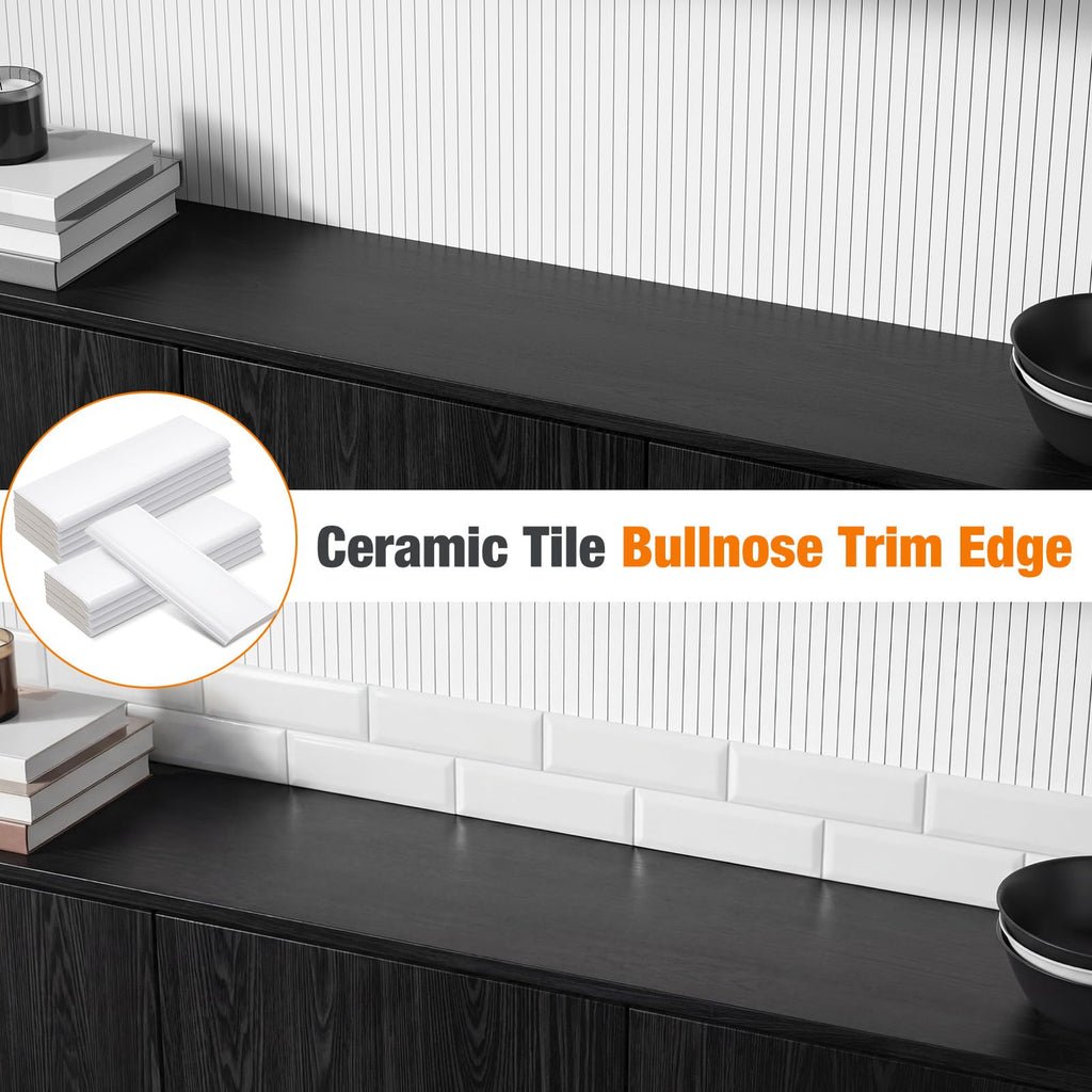 10 Pcs White Ceramic Bullnose Trim, 2 x 6 in Glossy Subway Tile