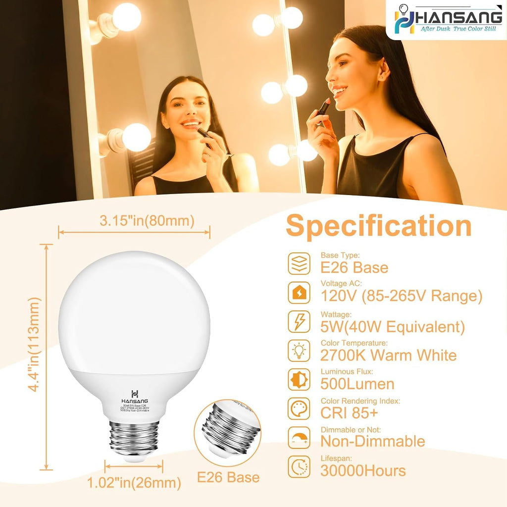 Vanity Globe Bathroom Light Bulbs 40W Equivalent 2700K Warm White