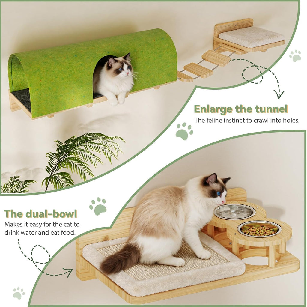 10PCS Cat Wall Shelves, Pine Cat Climbing Wall Furniture with Tunnel