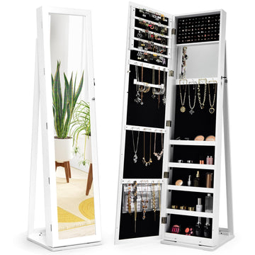Jewelry Cabinet with Full-length Mirror, Jewelry Storage Organizer with Makeup Mirror, Back Storage Shelf, Lockable