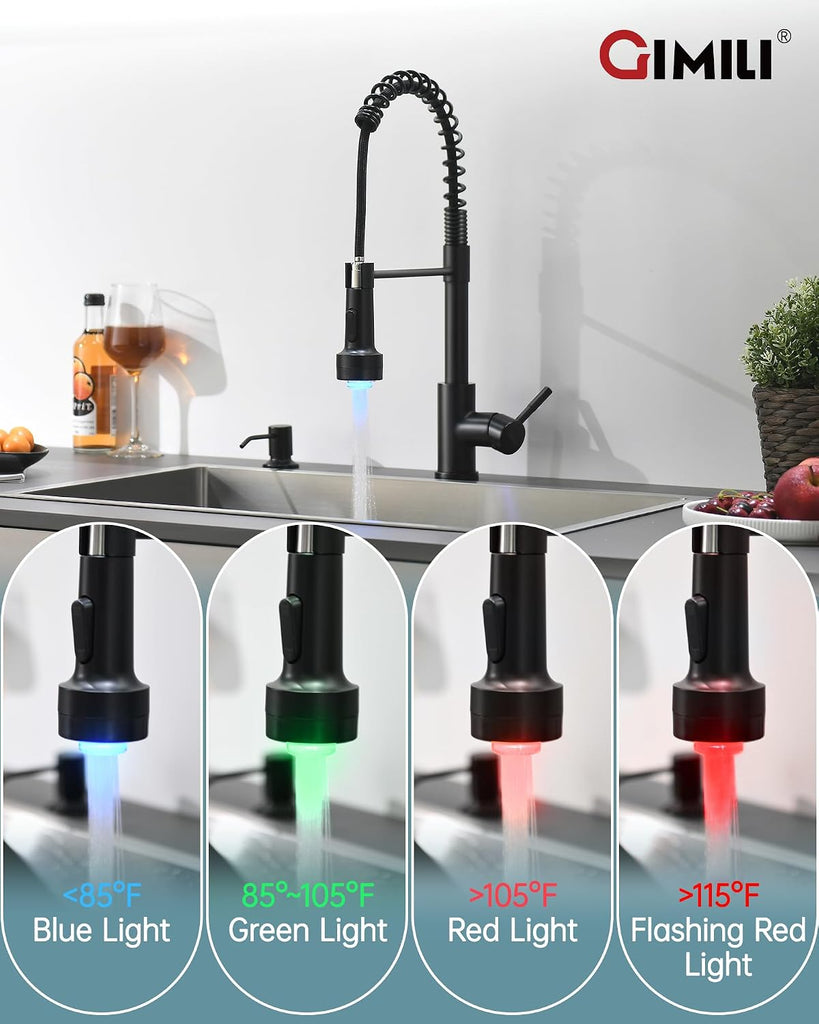 Matte Black LED Kitchen Faucet with Soap Dispenser Pull-Down Sprayer | Modern Single Handle Spring Kitchen Sink