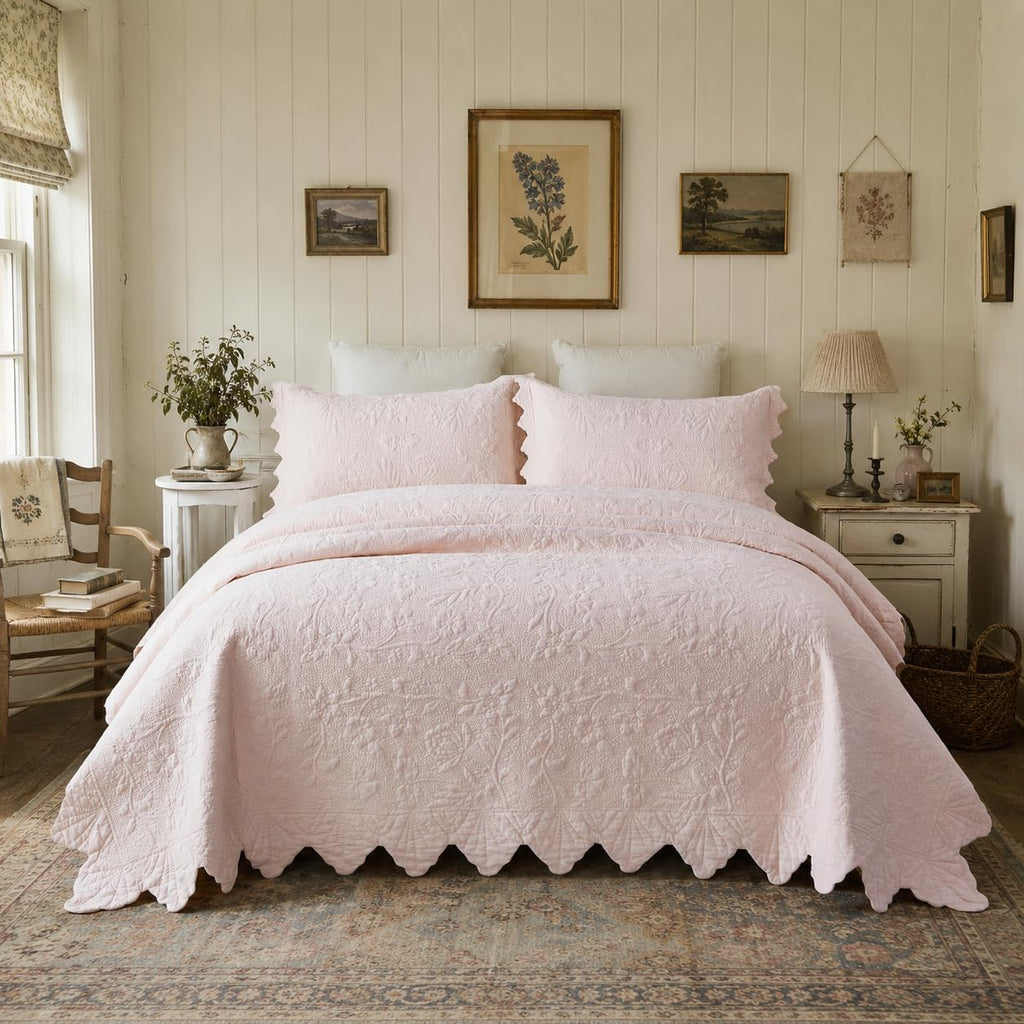 Pink Cotton Quilt Set Scalloped Matelasse Coverlet 2PC
