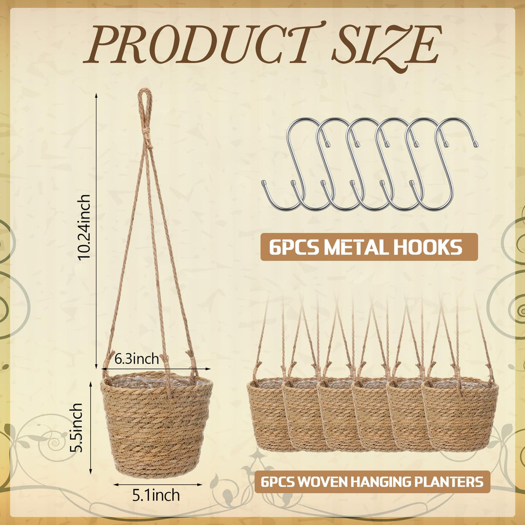 6 Pcs Seagrass Hanging Planter Basket, Small, Brown