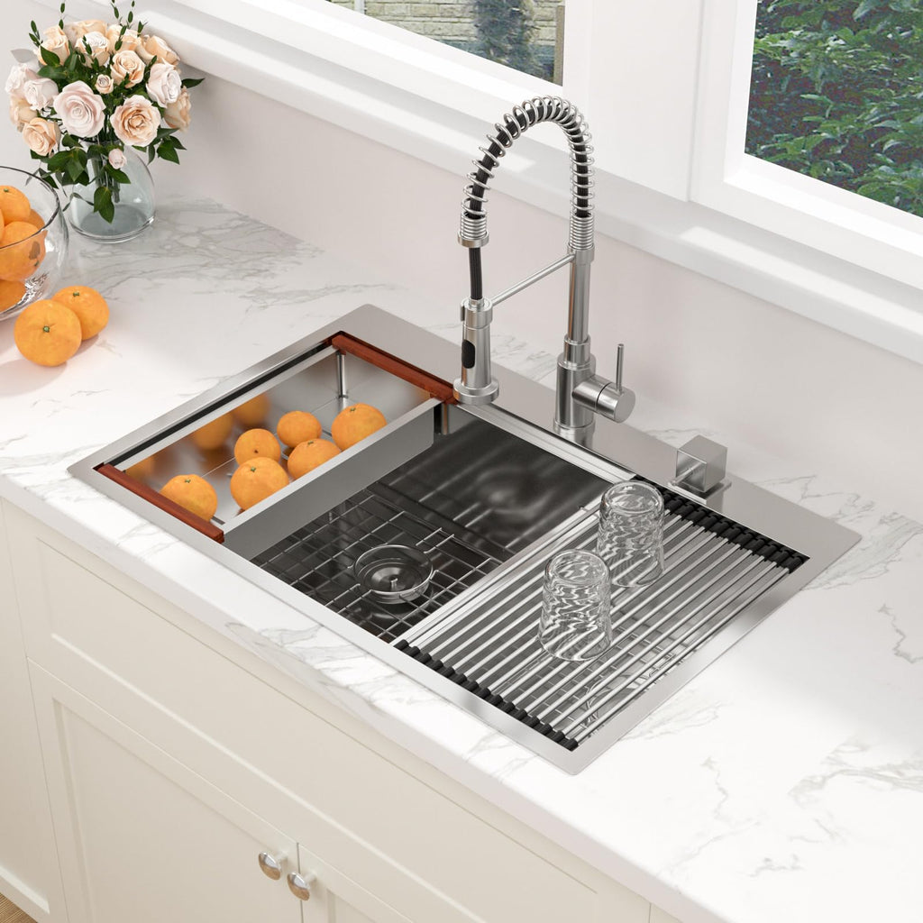 36 Inch Drop Sink Double Bowl - 36x22 Drop in Workstation Sink Double Bowl Topmount Ledge Workstation 16 Gauge