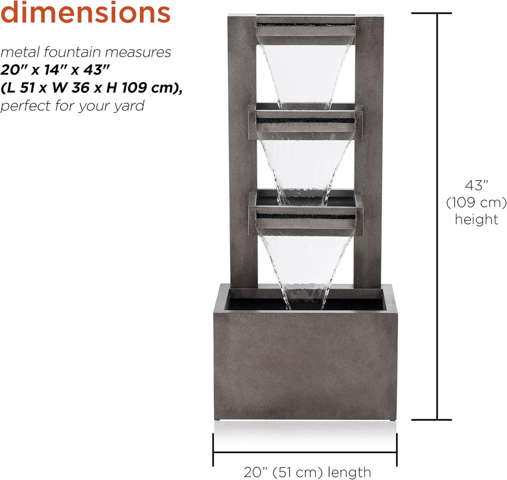 43" Tall Multi-Tier Waterfall Fountain - Industrial Style Water Feature, Relaxing Water Flow, and Serene Landscaping
