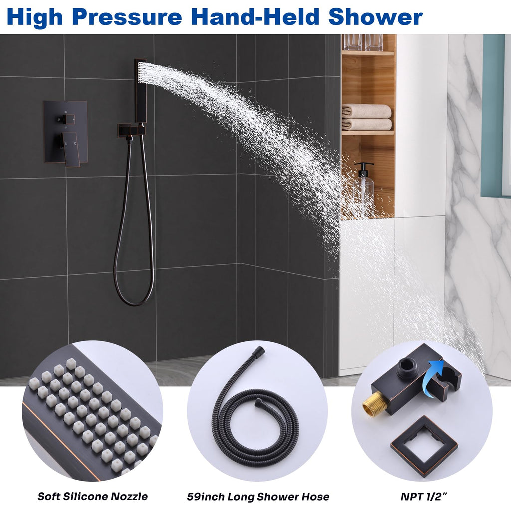 Oil Rubbed Bronze Dual Rain Shower Head System, 2 In 1 Functions Ceiling Mount 14x20inch LED Shower Head with 6 Inch