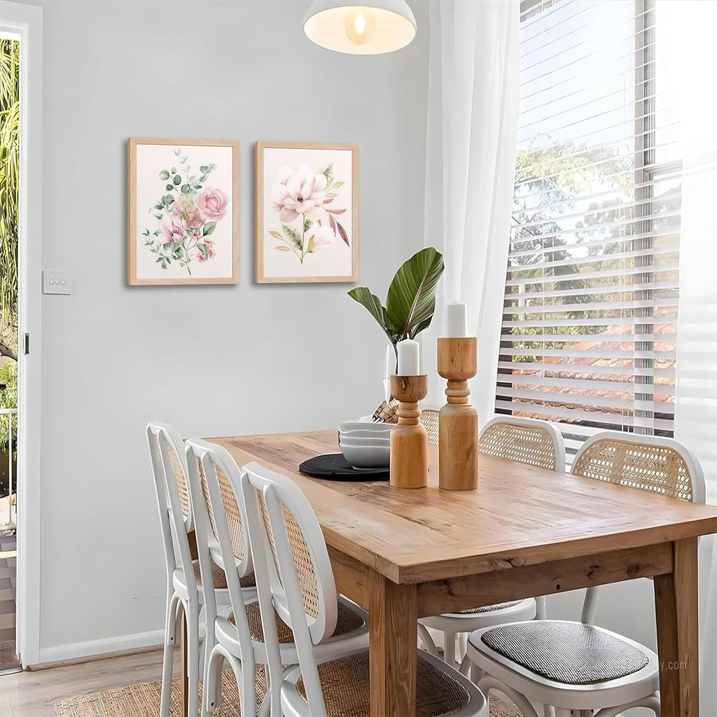 Framed Botanical Wall Art Set of 2, Pink Floral Canvas Prints with Natural Wood Frames, 16x20