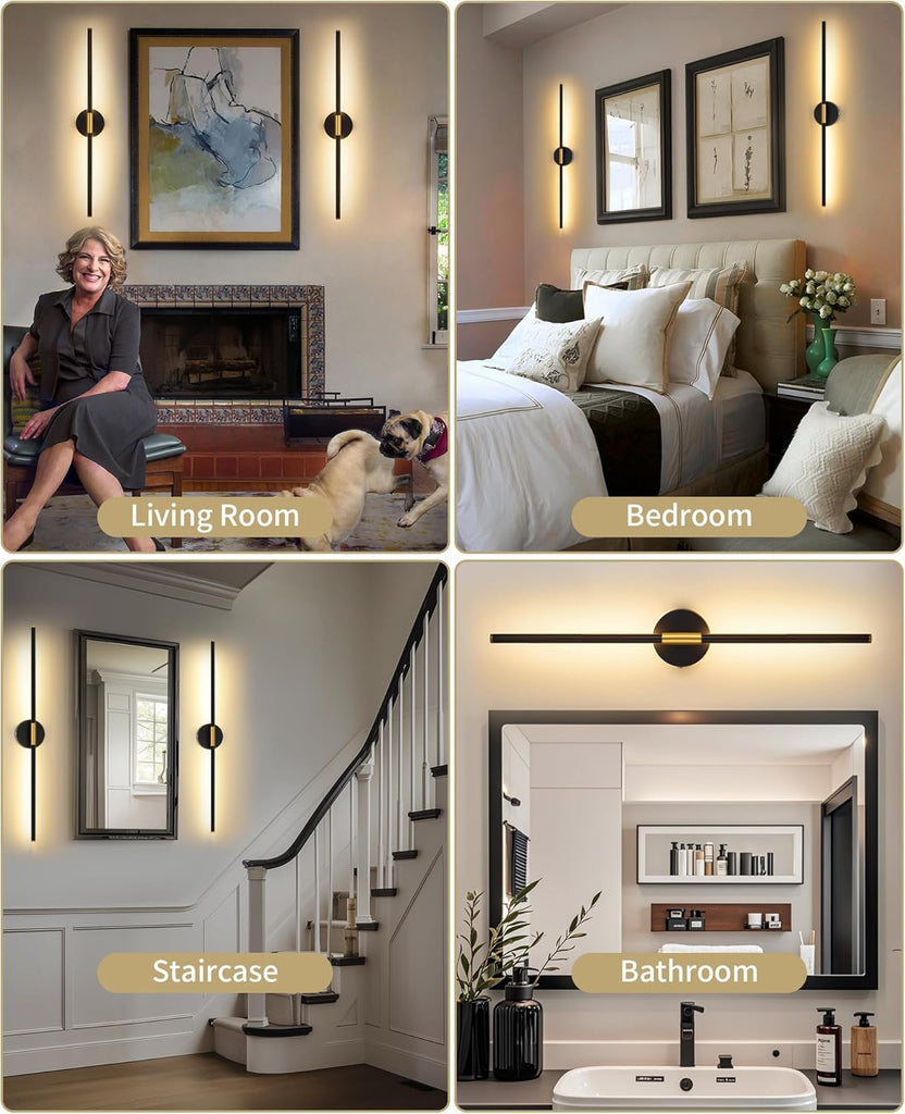 24" Battery Operated Wall Sconce Set of 2, 350° Rotating Lamp, Black Gold
