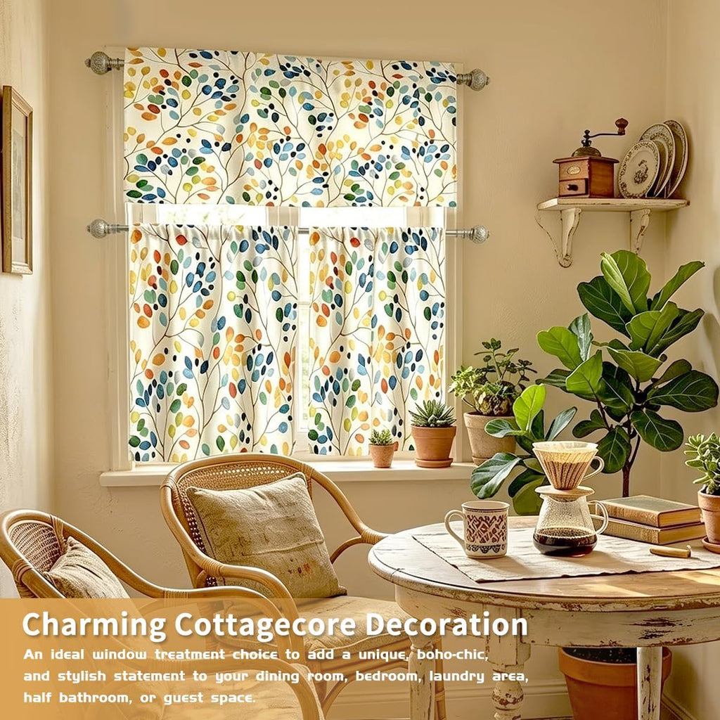 Colorful Kitchen Curtains Valance and Tiers Set Over Sink, 52x18 inch + 26x36 inch x 2, Cute Watercolor Floral Boho