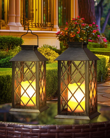 Solar Lanterns Outdoor Waterproof 14" Flickering LED, 2 Pack, Bronze