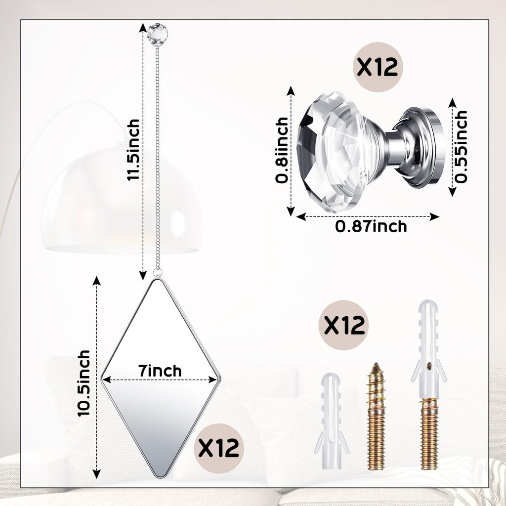 12 Pcs Diamond Wall Mirror Decorative Set Hanging Mirrors with Chain Frame Diamond Decorative for Wall Decor Living