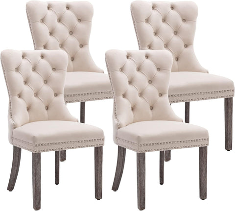 KCC Velvet Dining Chairs Set of 4, Upholstered High-end Tufted Dining Room Chair with Nailhead Back Ring Pull Trim