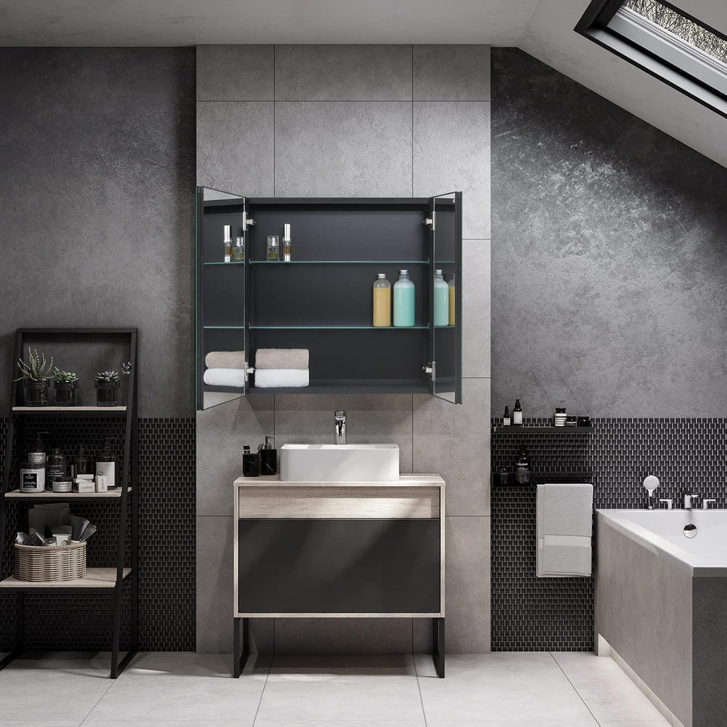 24 x 24 Black Double Door Bathroom Medicine Cabinet with Mirror, Wall Mount | Two-Door Bathroom Wall Mirror Cabinet