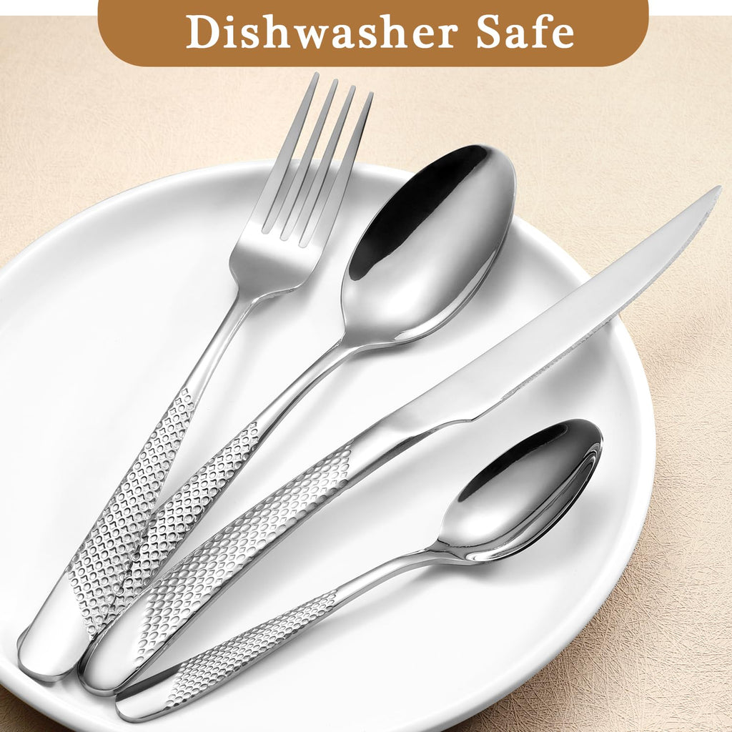 16 Piece Hammered Silverware Set for 4, Premium Food-grade Stainless Steel Flatware Set, Modern Design & Mirror