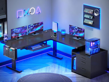 L Shaped Standing Desk with File Cabinet, 3 Drawers, Power Outlet | 63 x 53'' Electric Height Adjustable Gaming