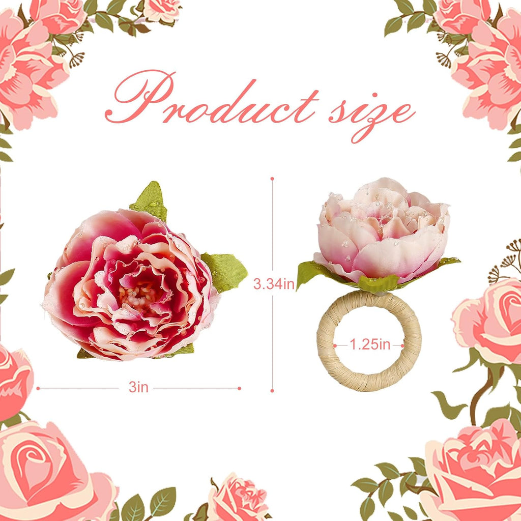 Farmhouse Flower Napkin Rings, Faux Pink Rose Napkin Ring Serviette Holder for Spring Holiday, Mothers Day - Set of 12