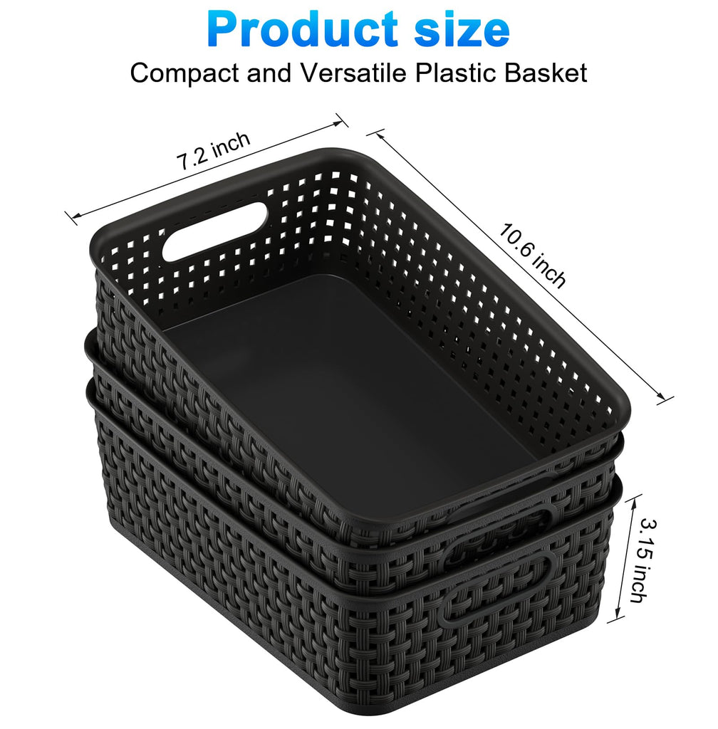 Black Plastic Basket, 8 Pack Home Organization and Storage Baskets with Handles, Space Saving Woven Organizer Bins