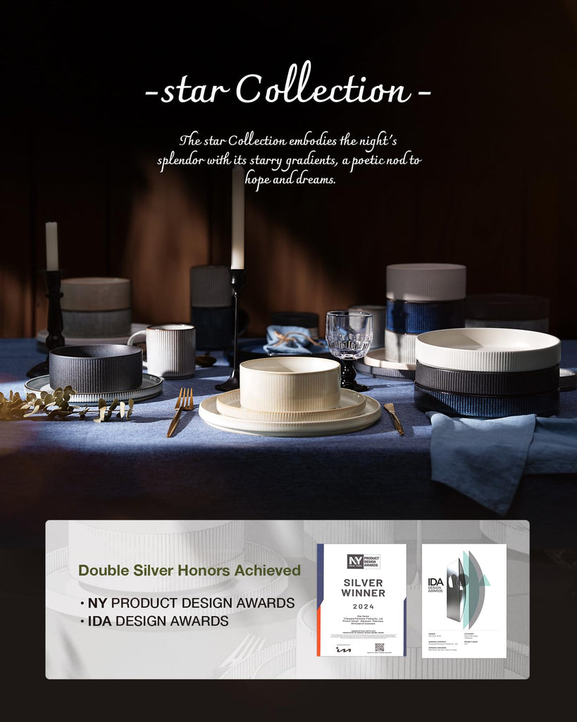 Star Stoneware Dinnerware Sets with Pasta Bowls, 24pc Dishes for 6