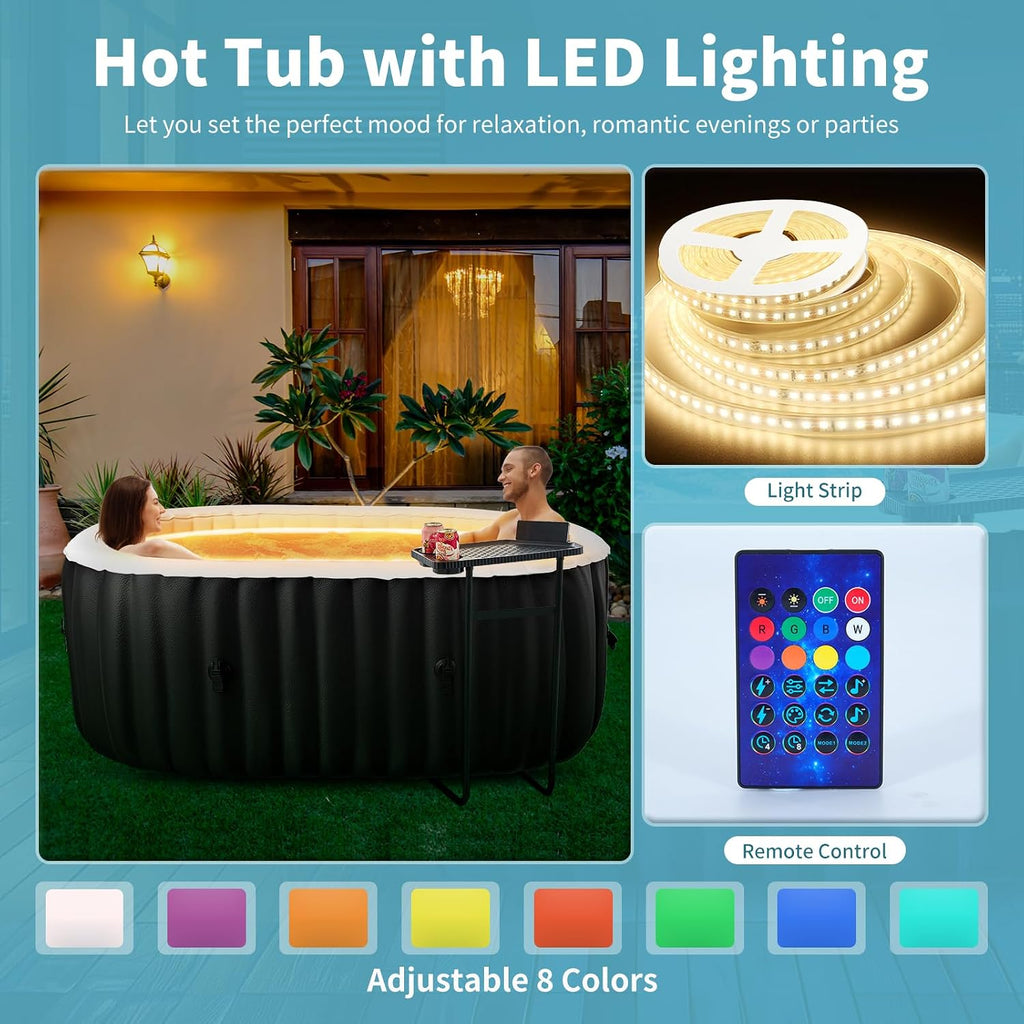 Inflatable Hot Tub with LED Lights, 2 Person Oval Portable Blow up Hot Tub Spa with Side Table, Leak-Proof PVC