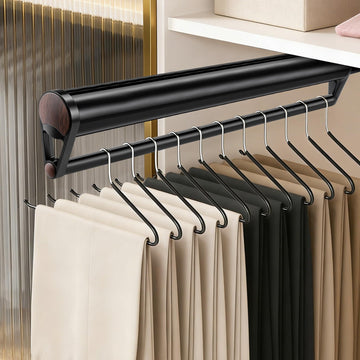 Valet Rod for Closet Pull Out, Adjustable Pants Rack, Walnut Wood Grain