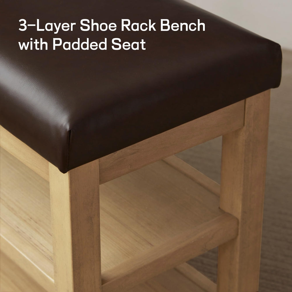 Shoe Rack Bench with Leather Cushion, 2 Tier Solid Wood Storage Bench, Mid-Century Modern Shoe Bench, Closet, Front