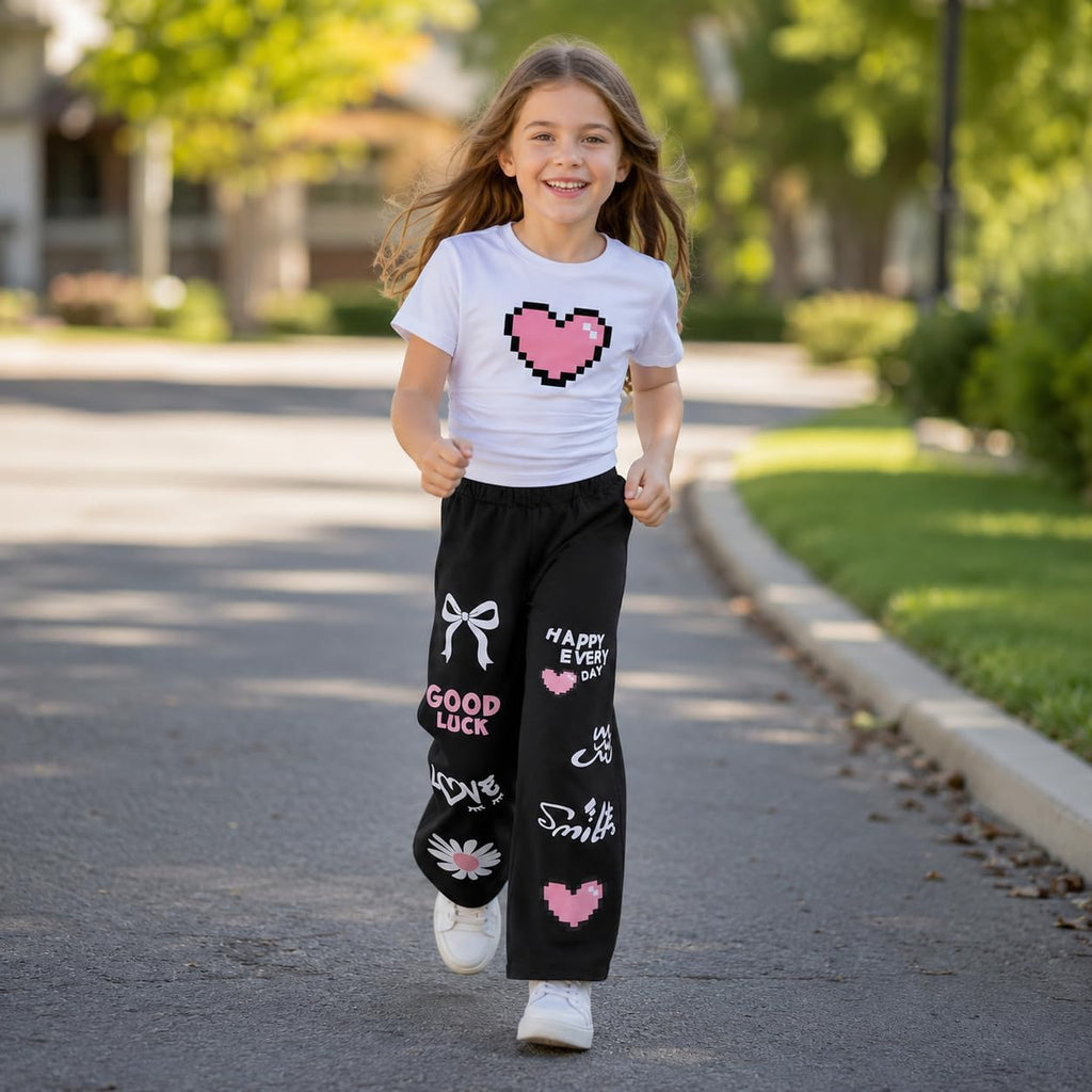 Clothes 2 Piece Cute Pixel Heart-Print Top Graffiti-Print Pants Sets
